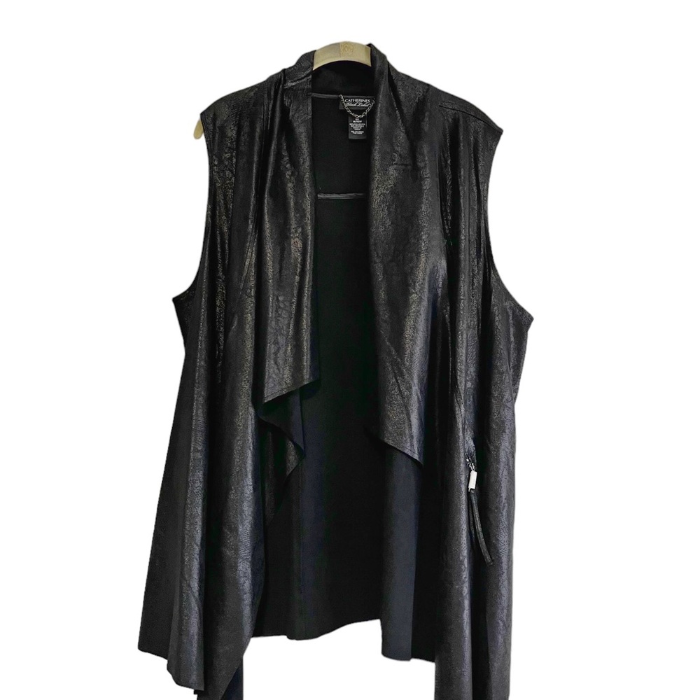 Catherines Black Label Black Faux Leather Sleeveless Vest Cardigan